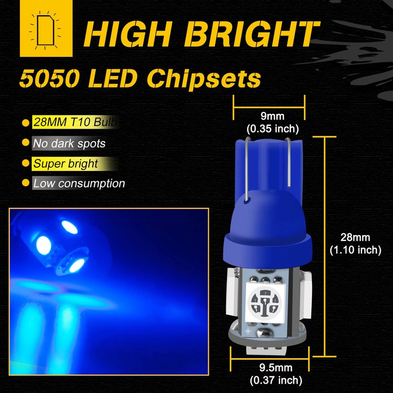 Qasim لمبة LED زرقاء قاسم 194، T10 W5W 2825 158 192 168 194 ويدج 5-SMD 5050 لمبة LED زرقاء فائقة لداخل السيارة 12V DC (عبوة من 10)  - Image 2